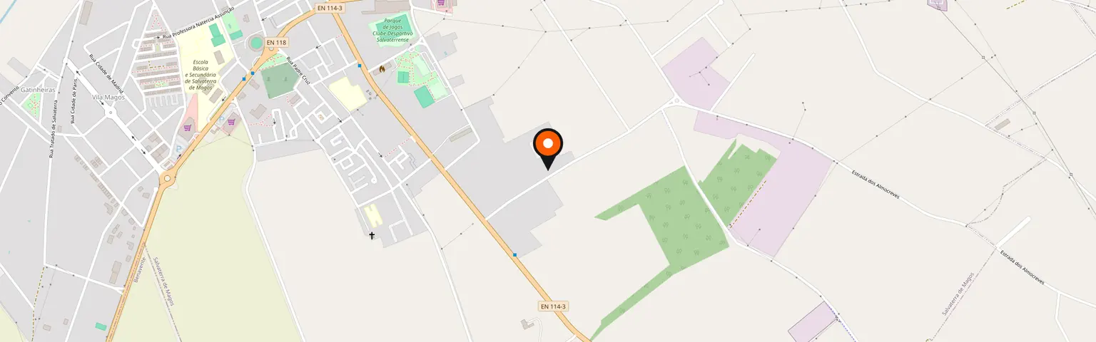 Mapa de Salvaterra de Magos com a localização da GIG Solutions assinalada, na zona industrial junto à EN 114-3